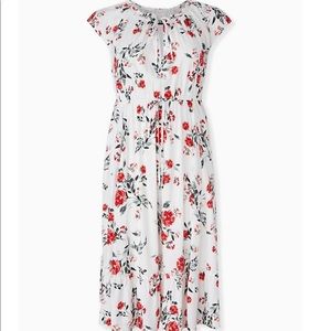 WHITE & RED FLORAL CHALLIS DRAWSTRING MIDI DRESS